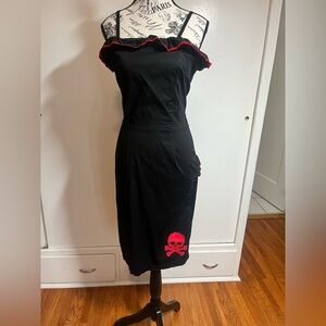 Black Off-Shoulder Midi Dress with Pink Skull Accent